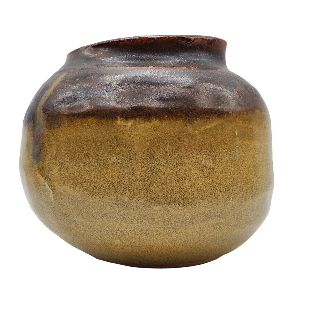 Bean Pot Squat Vase Art Pottery Brown Tan Signed Small Ceramic Rustic Decor Vtg